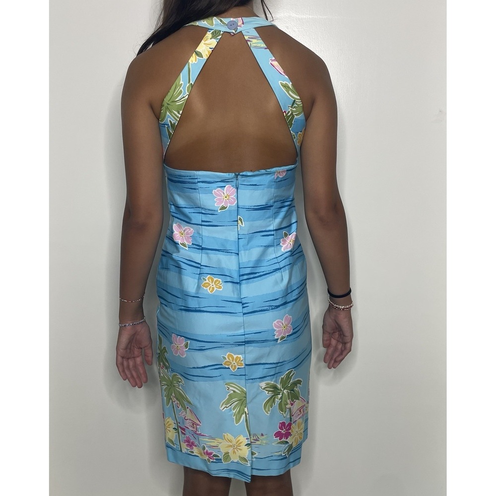 Women's Blue Halter Dress Size 4P Tropical Print Floral Vacation Cruise Hawaiian - Picture 2 of 14